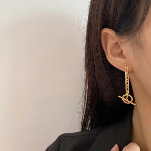 *925 Sterling Silver Link Chain Circle Bar Earring - Picture 6 of 8